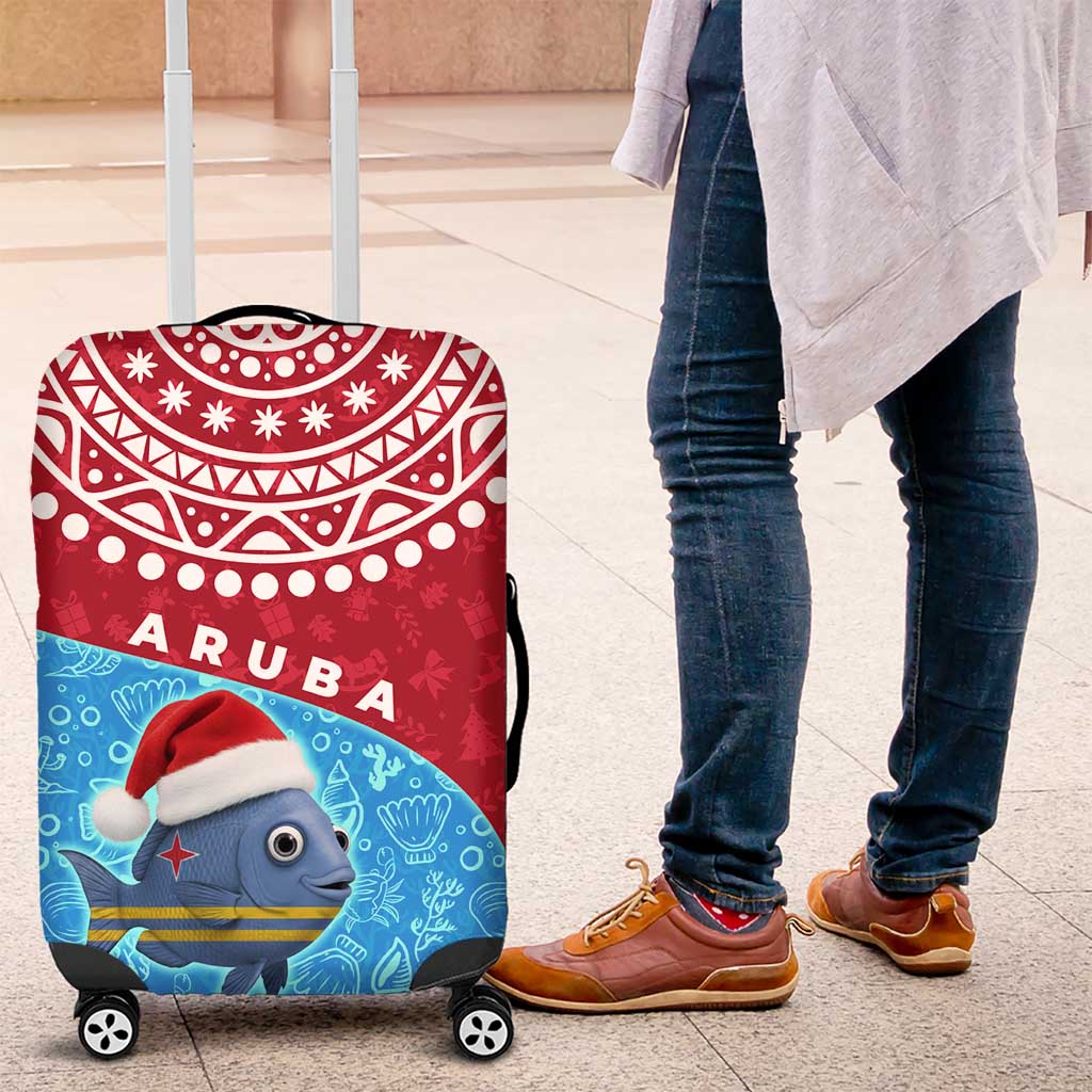 Aruba Christmas Luggage Cover with Santa Fish Aruba Flag Ocean Icons and Red Blue Holiday Pattern Design - Wonder Print Shop