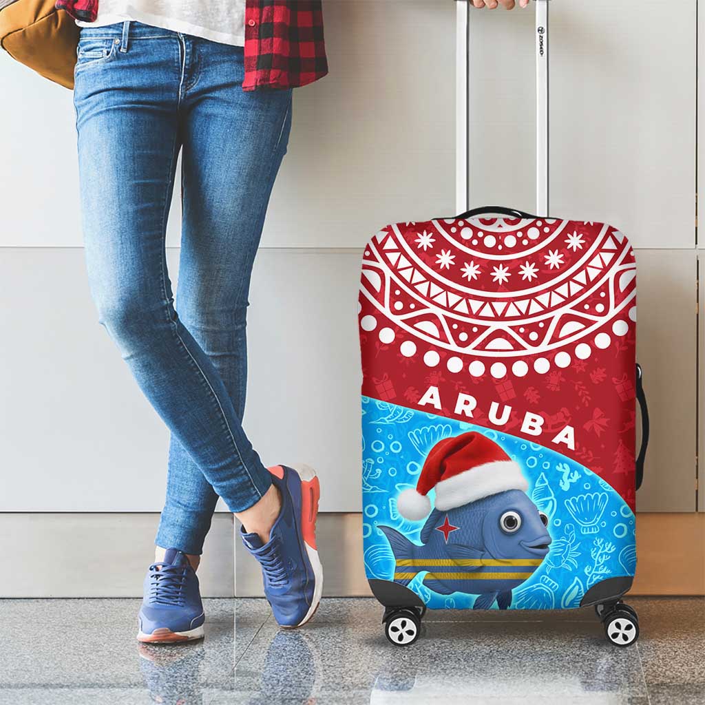 Aruba Christmas Luggage Cover with Santa Fish Aruba Flag Ocean Icons and Red Blue Holiday Pattern Design - Wonder Print Shop