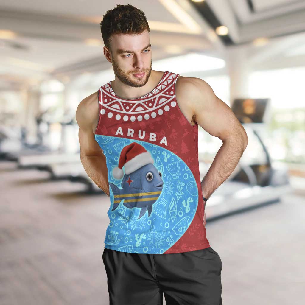 Aruba Christmas Men Tank Top with Santa Fish Aruba Flag Ocean Icons and Red Blue Holiday Pattern Design - Wonder Print Shop