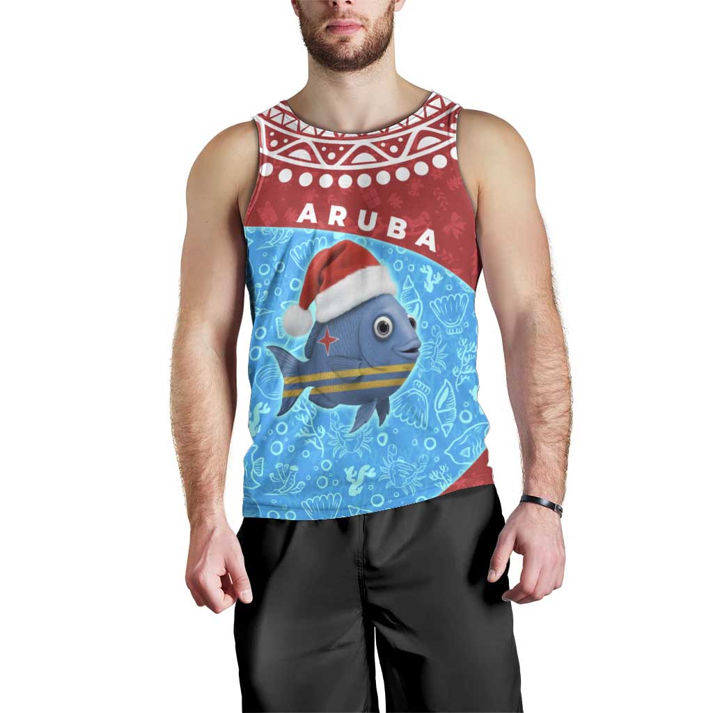 Aruba Christmas Men Tank Top with Santa Fish Aruba Flag Ocean Icons and Red Blue Holiday Pattern Design - Wonder Print Shop
