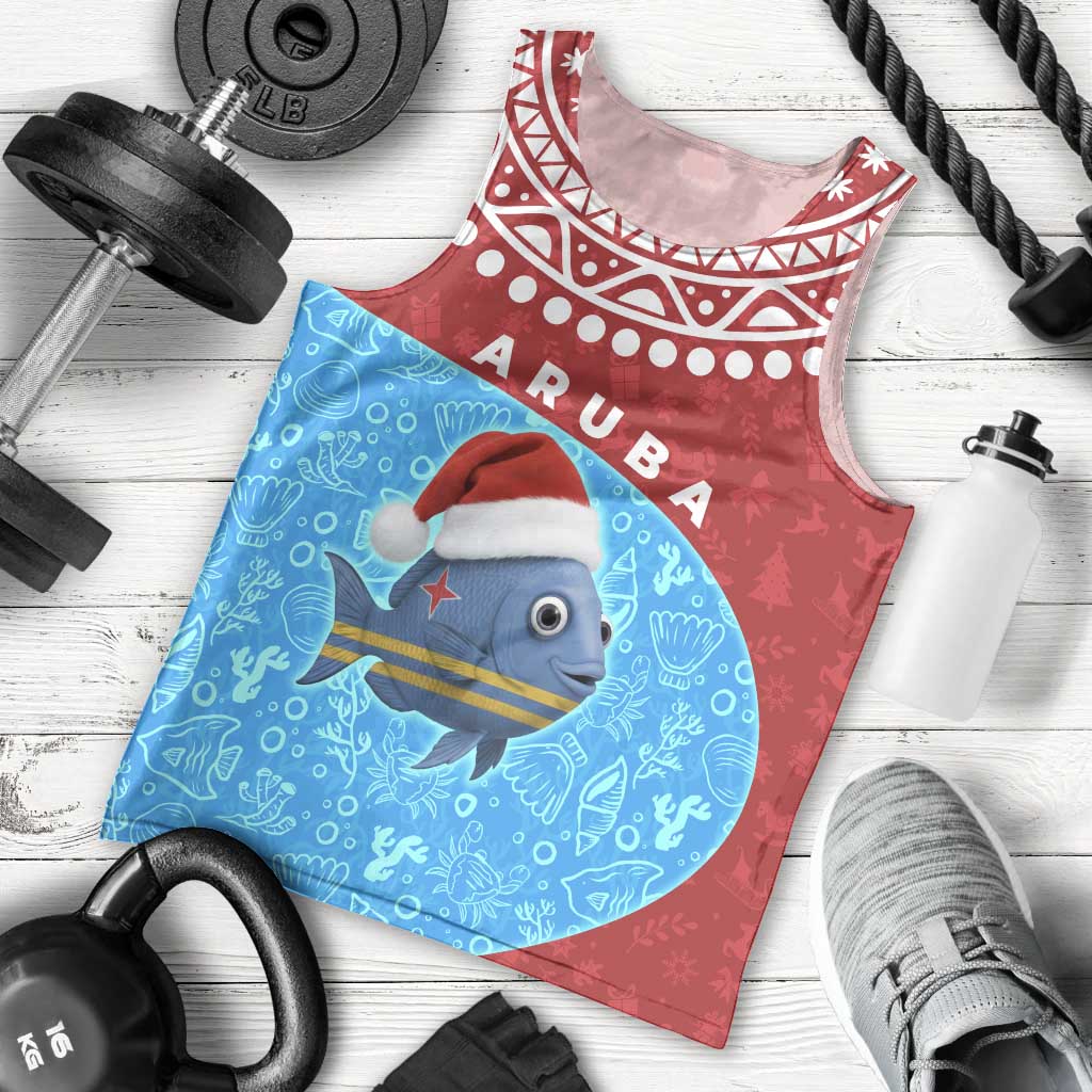 Aruba Christmas Men Tank Top with Santa Fish Aruba Flag Ocean Icons and Red Blue Holiday Pattern Design - Wonder Print Shop