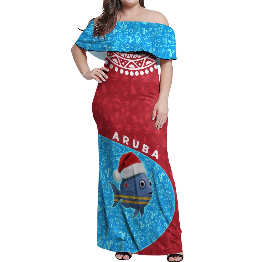 Aruba Christmas Off Shoulder Maxi Dress with Santa Fish Aruba Flag Ocean Icons and Red Blue Holiday Pattern Design - Wonder Print Shop
