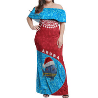 Aruba Christmas Off Shoulder Maxi Dress with Santa Fish Aruba Flag Ocean Icons and Red Blue Holiday Pattern Design - Wonder Print Shop