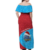 Aruba Christmas Off Shoulder Maxi Dress with Santa Fish Aruba Flag Ocean Icons and Red Blue Holiday Pattern Design - Wonder Print Shop