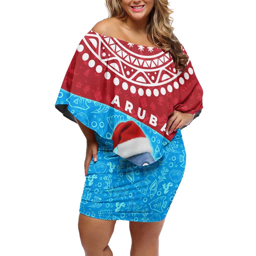 Aruba Christmas Off Shoulder Short Dress with Santa Fish Aruba Flag Ocean Icons and Red Blue Holiday Pattern Design - Wonder Print Shop