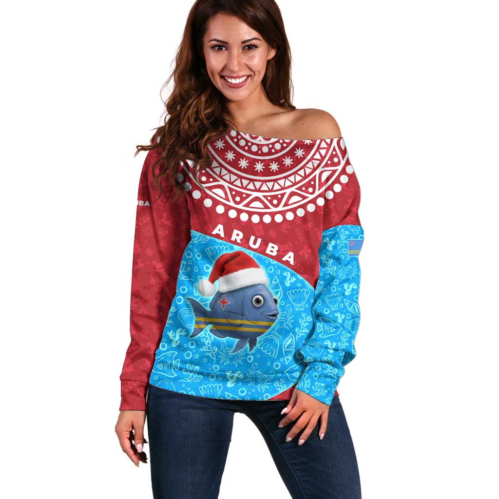 Aruba Christmas Off Shoulder Sweater with Santa Fish Aruba Flag Ocean Icons and Red Blue Holiday Pattern Design - Wonder Print Shop