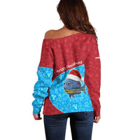 Aruba Christmas Off Shoulder Sweater with Santa Fish Aruba Flag Ocean Icons and Red Blue Holiday Pattern Design - Wonder Print Shop