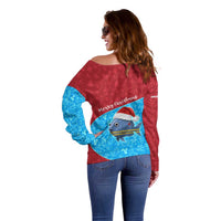 Aruba Christmas Off Shoulder Sweater with Santa Fish Aruba Flag Ocean Icons and Red Blue Holiday Pattern Design - Wonder Print Shop