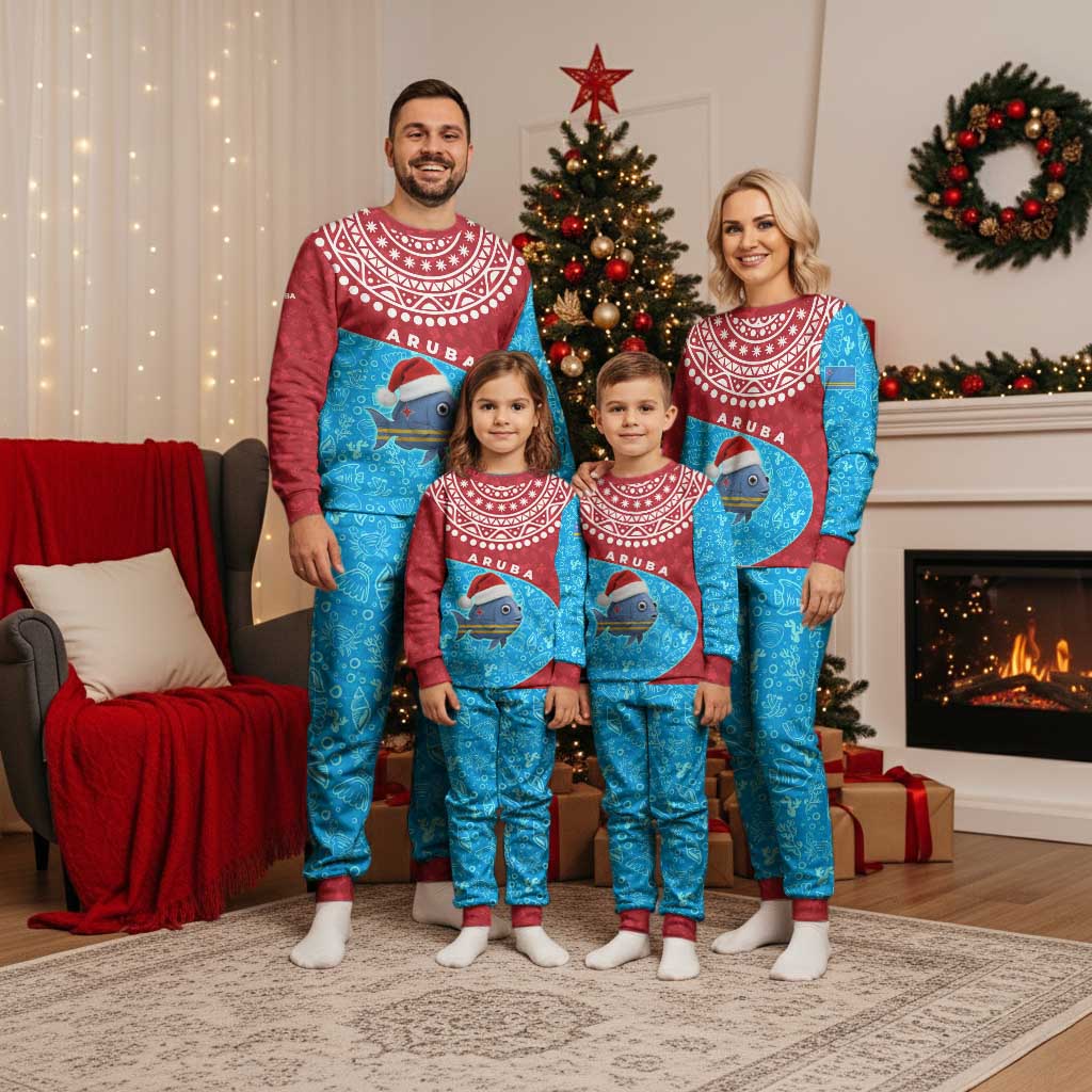 Aruba Christmas Pajama Set with Santa Fish Aruba Flag Ocean Icons and Red Blue Holiday Pattern Design - Wonder Print Shop