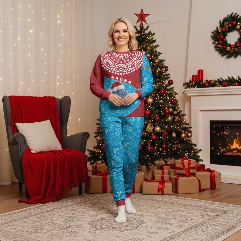 Aruba Christmas Pajama Set with Santa Fish Aruba Flag Ocean Icons and Red Blue Holiday Pattern Design - Wonder Print Shop