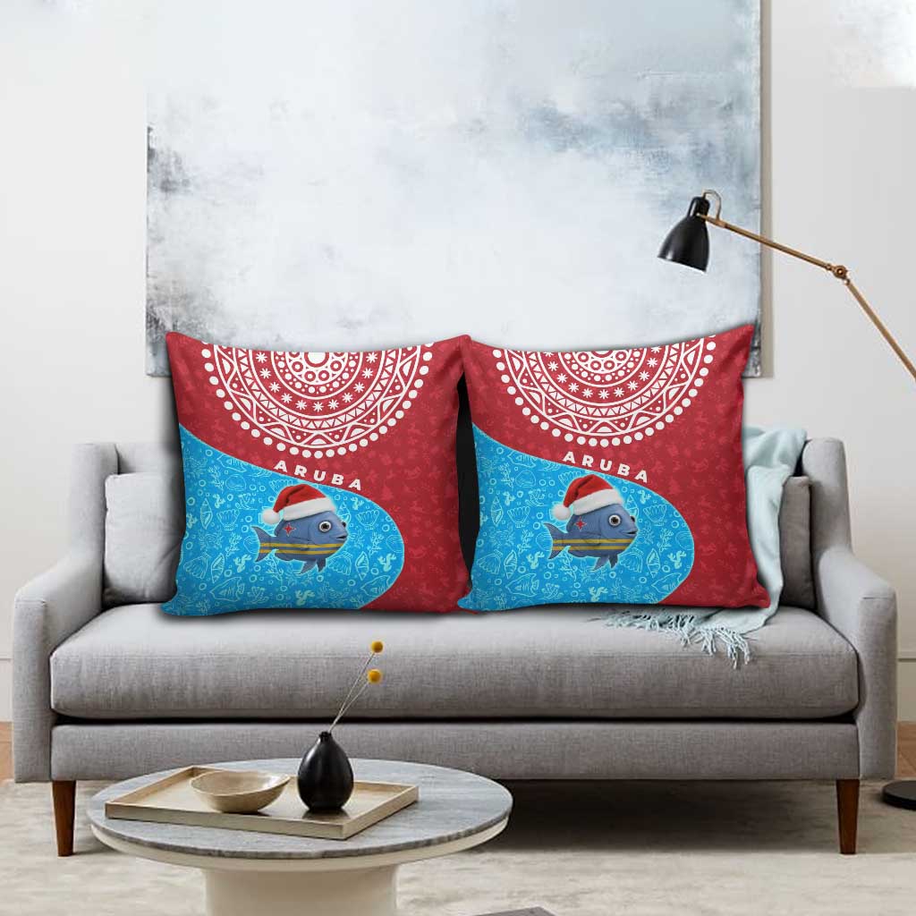 Aruba Christmas Pillow Cover with Santa Fish Aruba Flag Ocean Icons and Red Blue Holiday Pattern Design - Wonder Print Shop