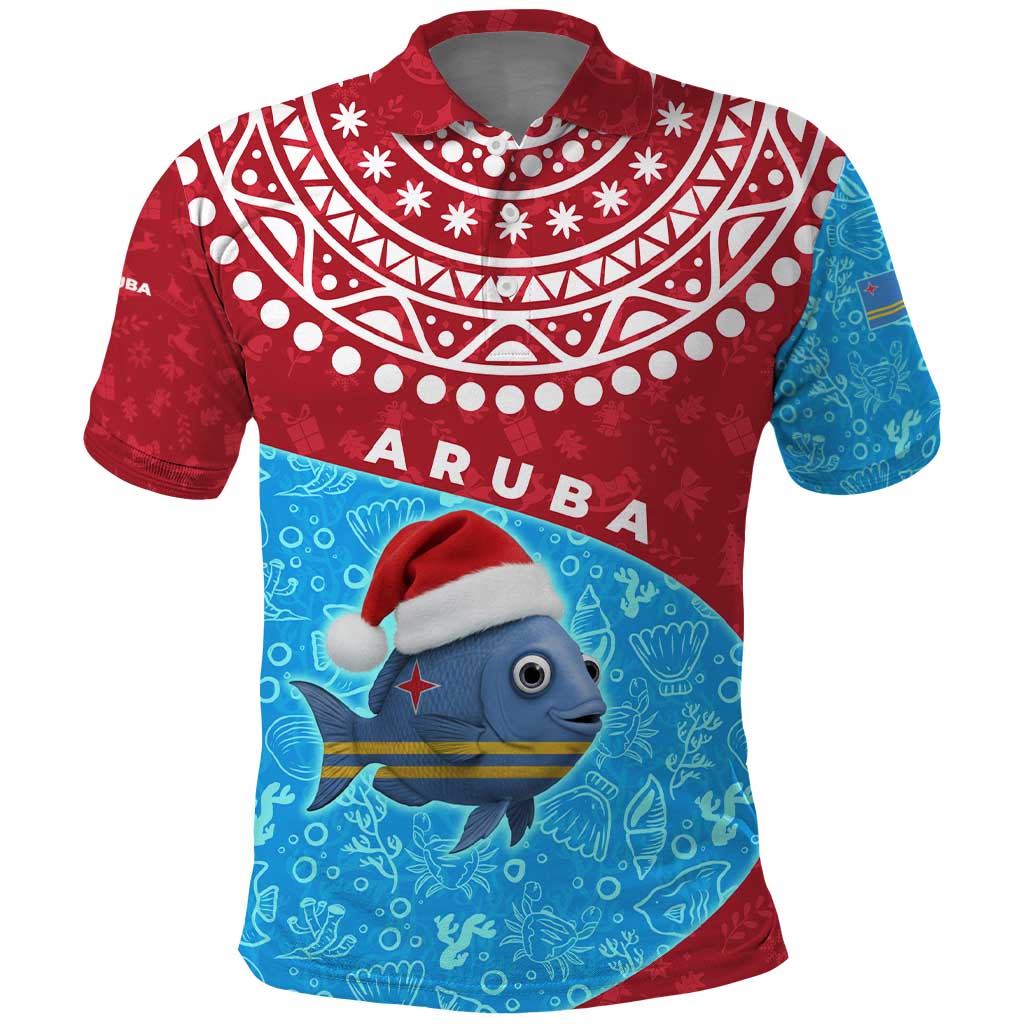Aruba Christmas Polo Shirt with Santa Fish Aruba Flag Ocean Icons and Red Blue Holiday Pattern Design - Wonder Print Shop