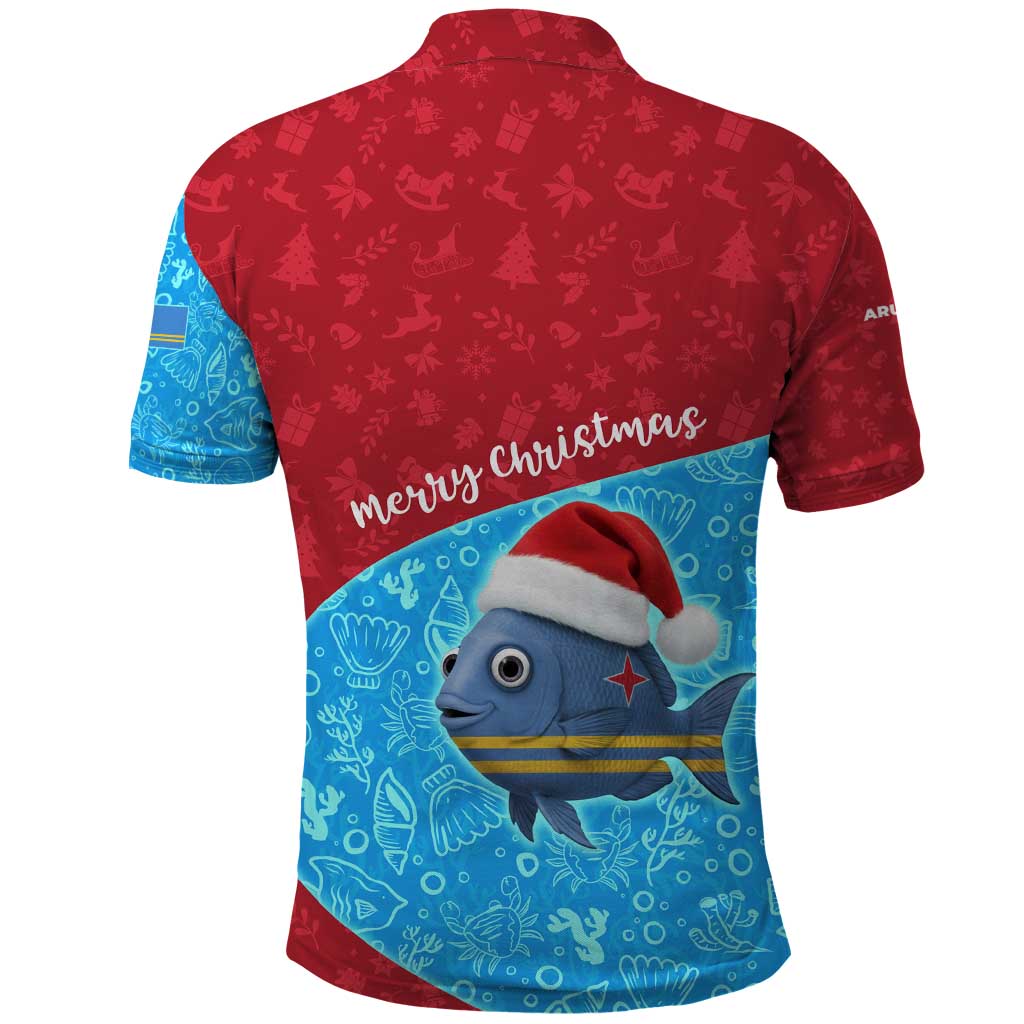 Aruba Christmas Polo Shirt with Santa Fish Aruba Flag Ocean Icons and Red Blue Holiday Pattern Design - Wonder Print Shop