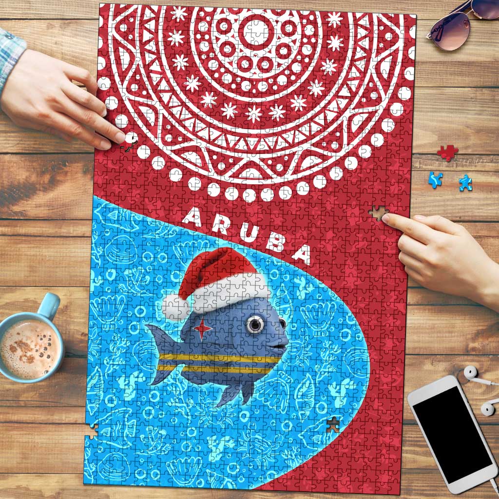 Aruba Christmas Puzzle with Santa Fish Aruba Flag Ocean Icons and Red Blue Holiday Pattern Design - Wonder Print Shop