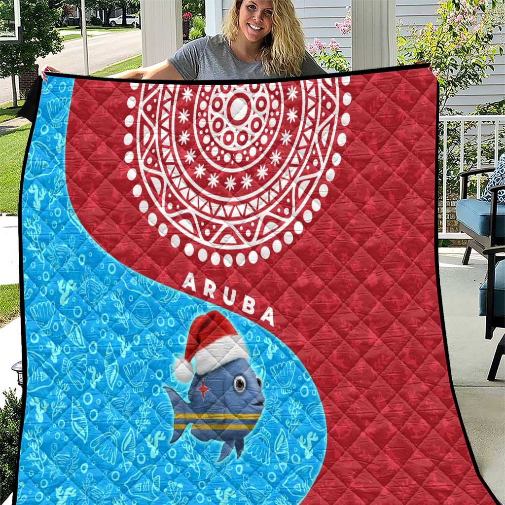 Aruba Christmas Quilt with Santa Fish Aruba Flag Ocean Icons and Red Blue Holiday Pattern Design - Wonder Print Shop