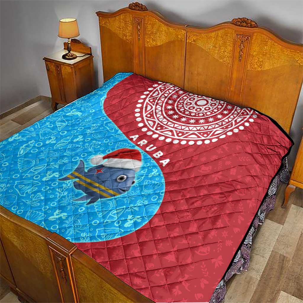 Aruba Christmas Quilt with Santa Fish Aruba Flag Ocean Icons and Red Blue Holiday Pattern Design - Wonder Print Shop