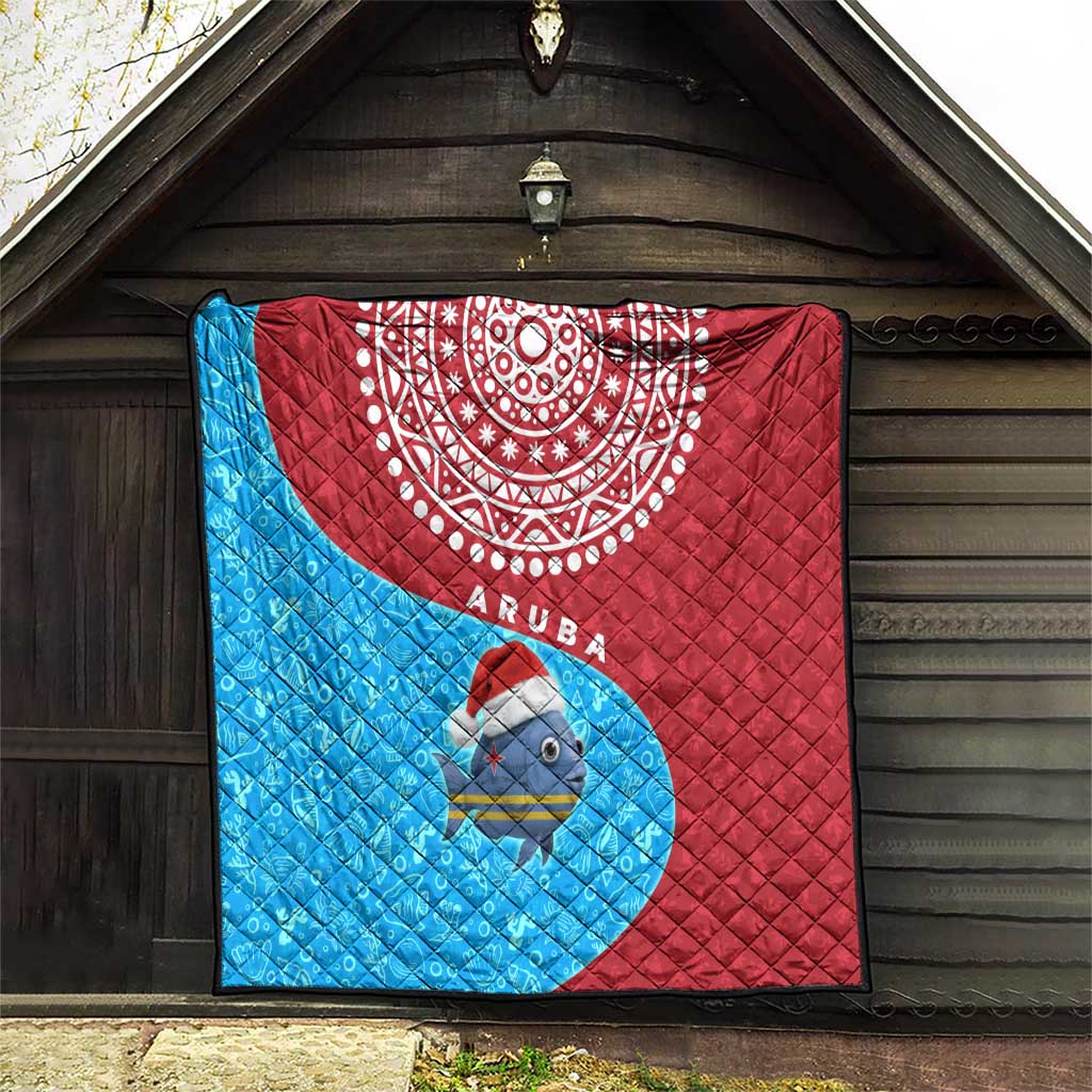 Aruba Christmas Quilt with Santa Fish Aruba Flag Ocean Icons and Red Blue Holiday Pattern Design - Wonder Print Shop