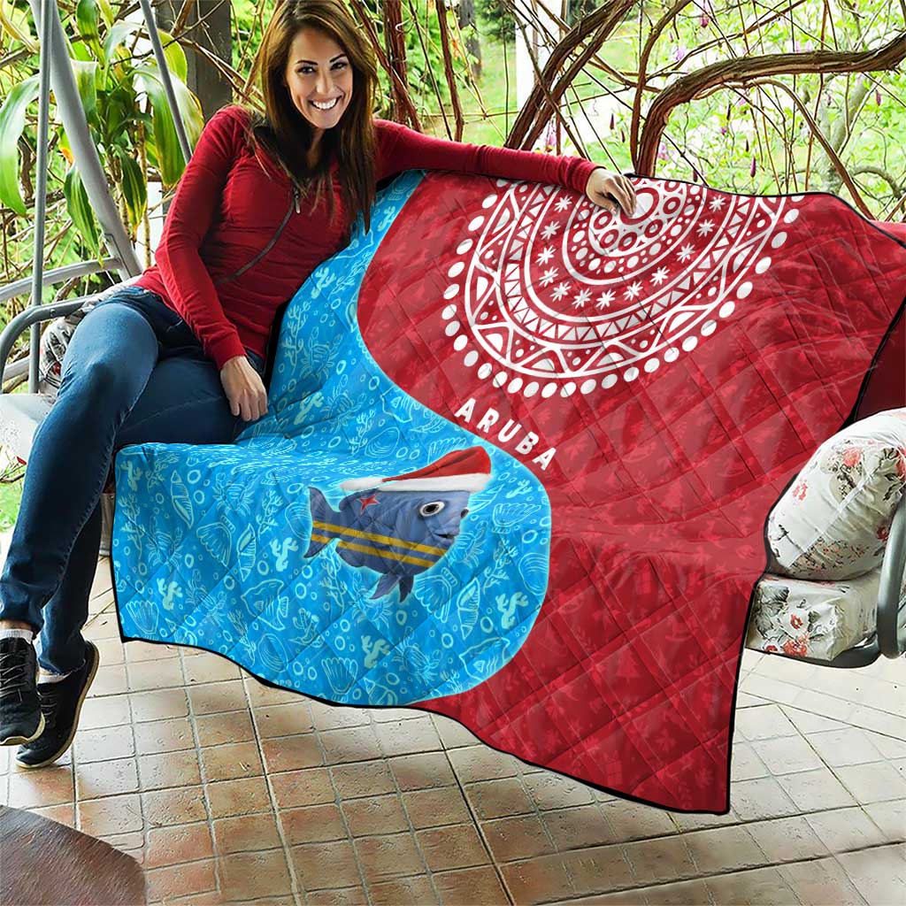 Aruba Christmas Quilt with Santa Fish Aruba Flag Ocean Icons and Red Blue Holiday Pattern Design - Wonder Print Shop