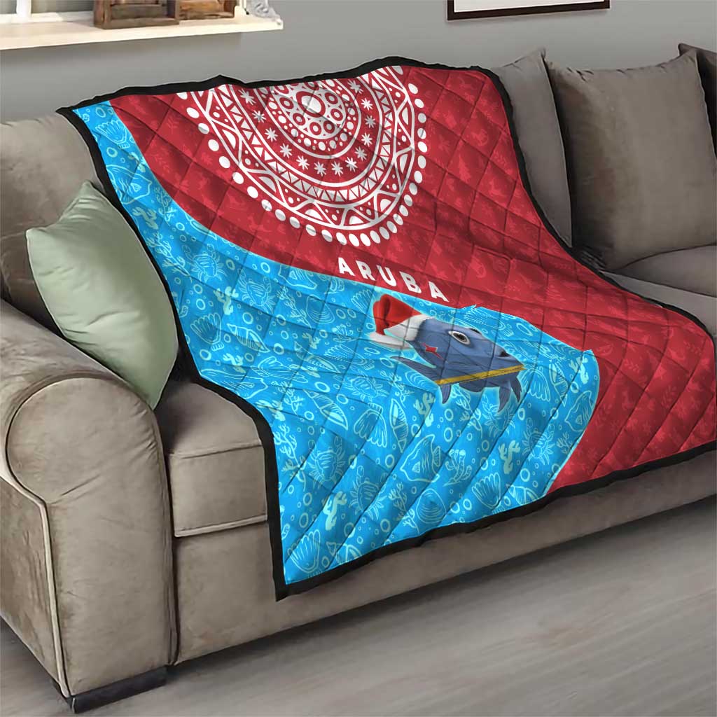 Aruba Christmas Quilt with Santa Fish Aruba Flag Ocean Icons and Red Blue Holiday Pattern Design - Wonder Print Shop