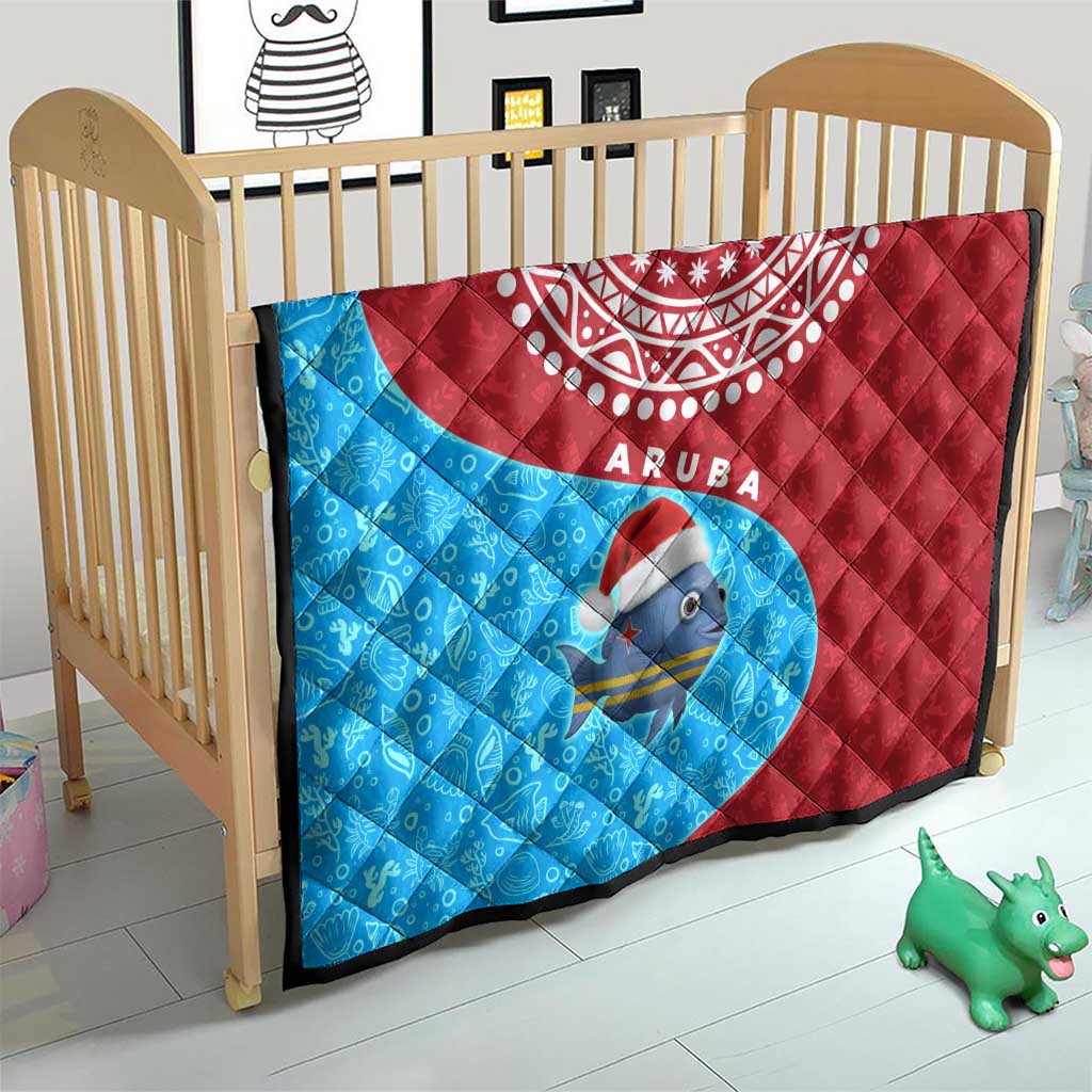 Aruba Christmas Quilt with Santa Fish Aruba Flag Ocean Icons and Red Blue Holiday Pattern Design - Wonder Print Shop