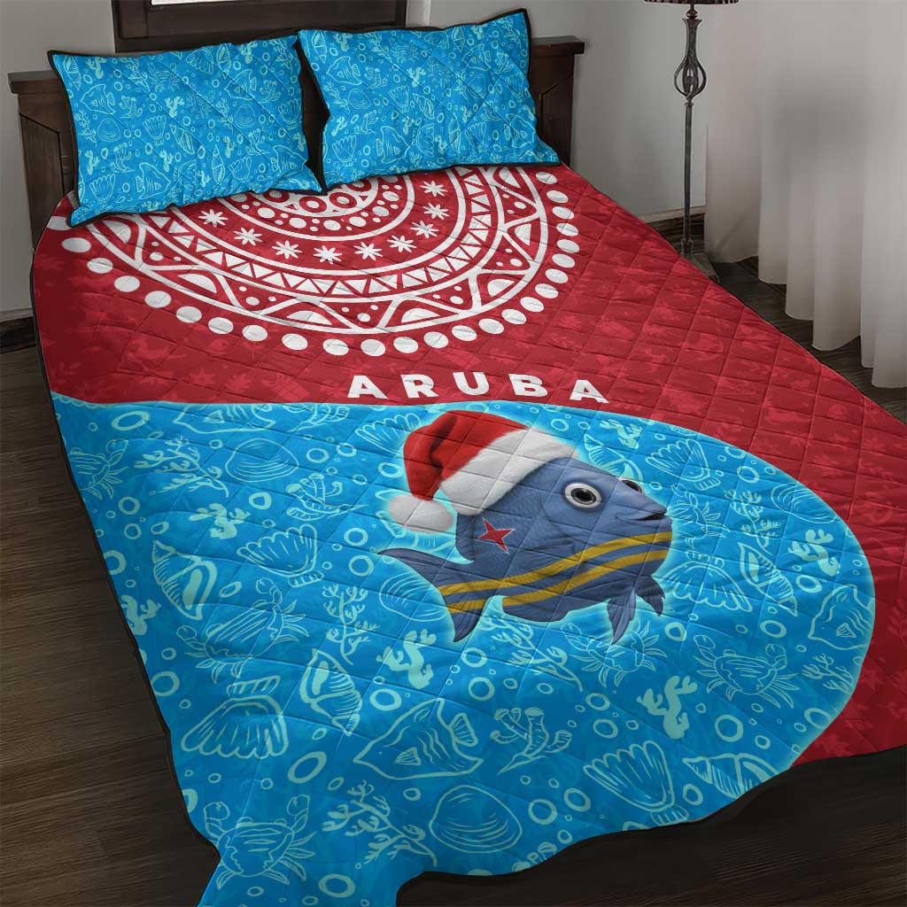 Aruba Christmas Quilt Bed Set with Santa Fish Aruba Flag Ocean Icons and Red Blue Holiday Pattern Design - Wonder Print Shop