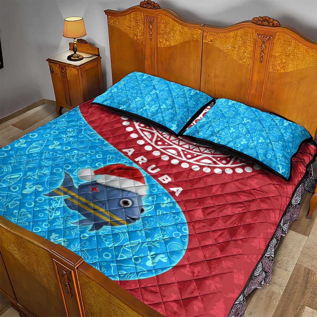 Aruba Christmas Quilt Bed Set with Santa Fish Aruba Flag Ocean Icons and Red Blue Holiday Pattern Design - Wonder Print Shop