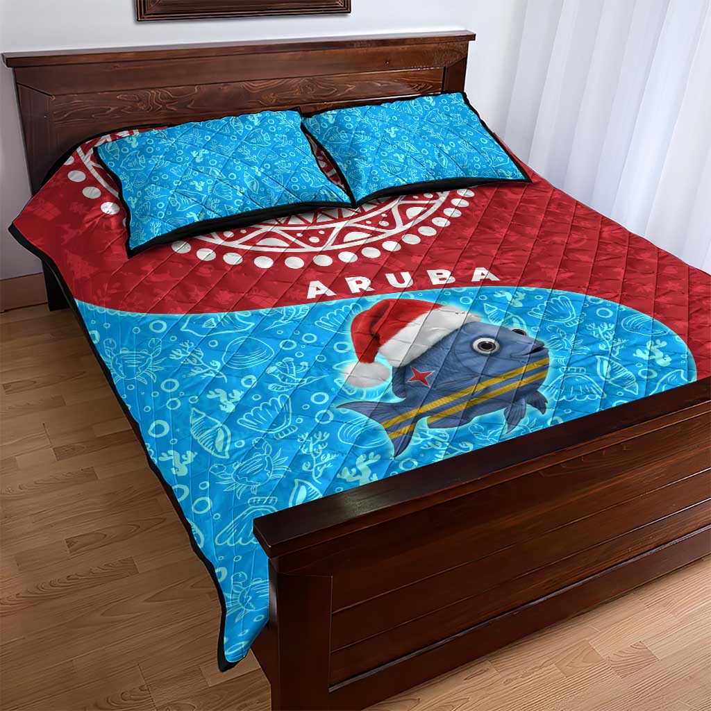 Aruba Christmas Quilt Bed Set with Santa Fish Aruba Flag Ocean Icons and Red Blue Holiday Pattern Design - Wonder Print Shop