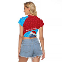 Aruba Christmas Raglan Cropped T Shirt with Santa Fish Aruba Flag Ocean Icons and Red Blue Holiday Pattern Design - Wonder Print Shop