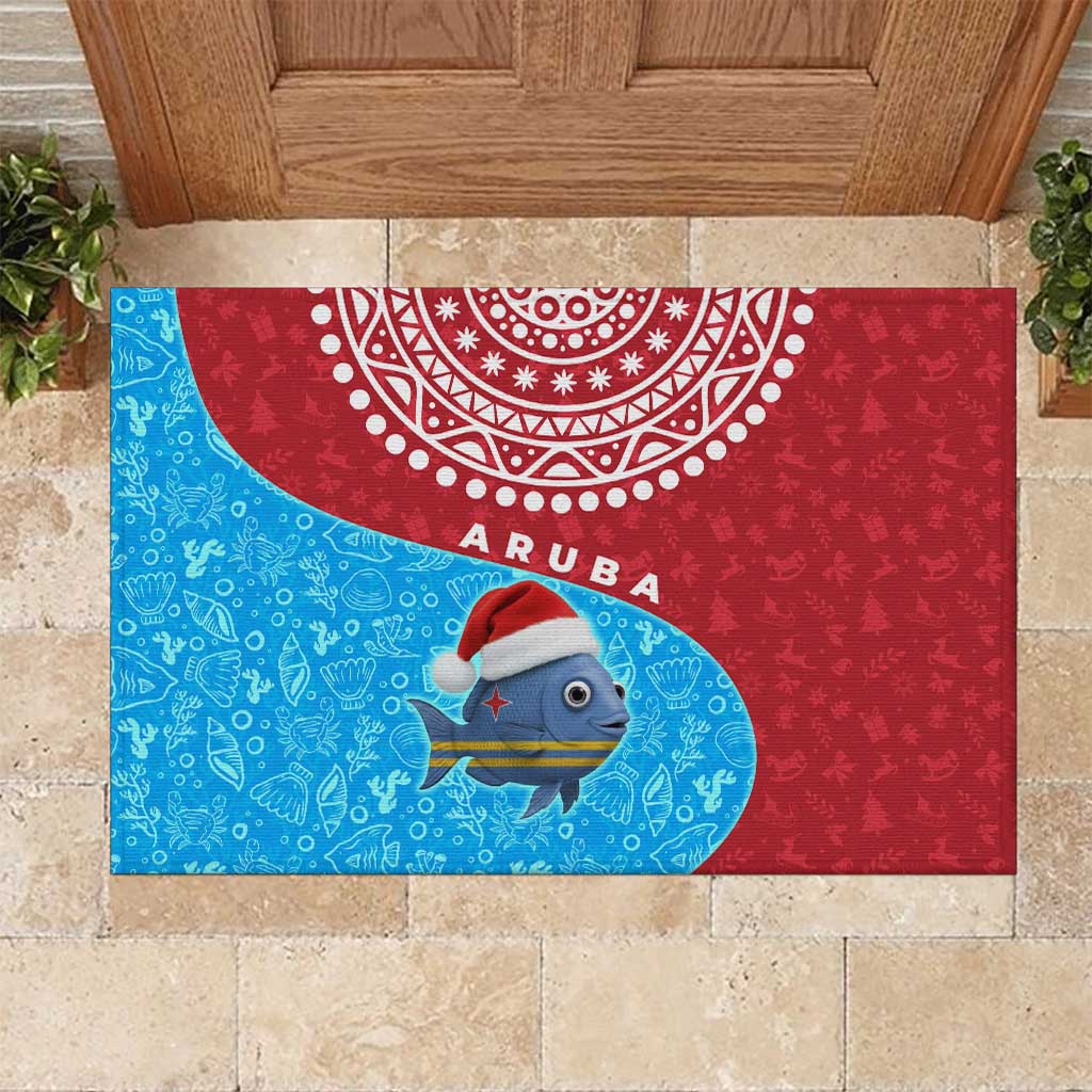 Aruba Christmas Rubber Doormat with Santa Fish Aruba Flag Ocean Icons and Red Blue Holiday Pattern Design - Wonder Print Shop