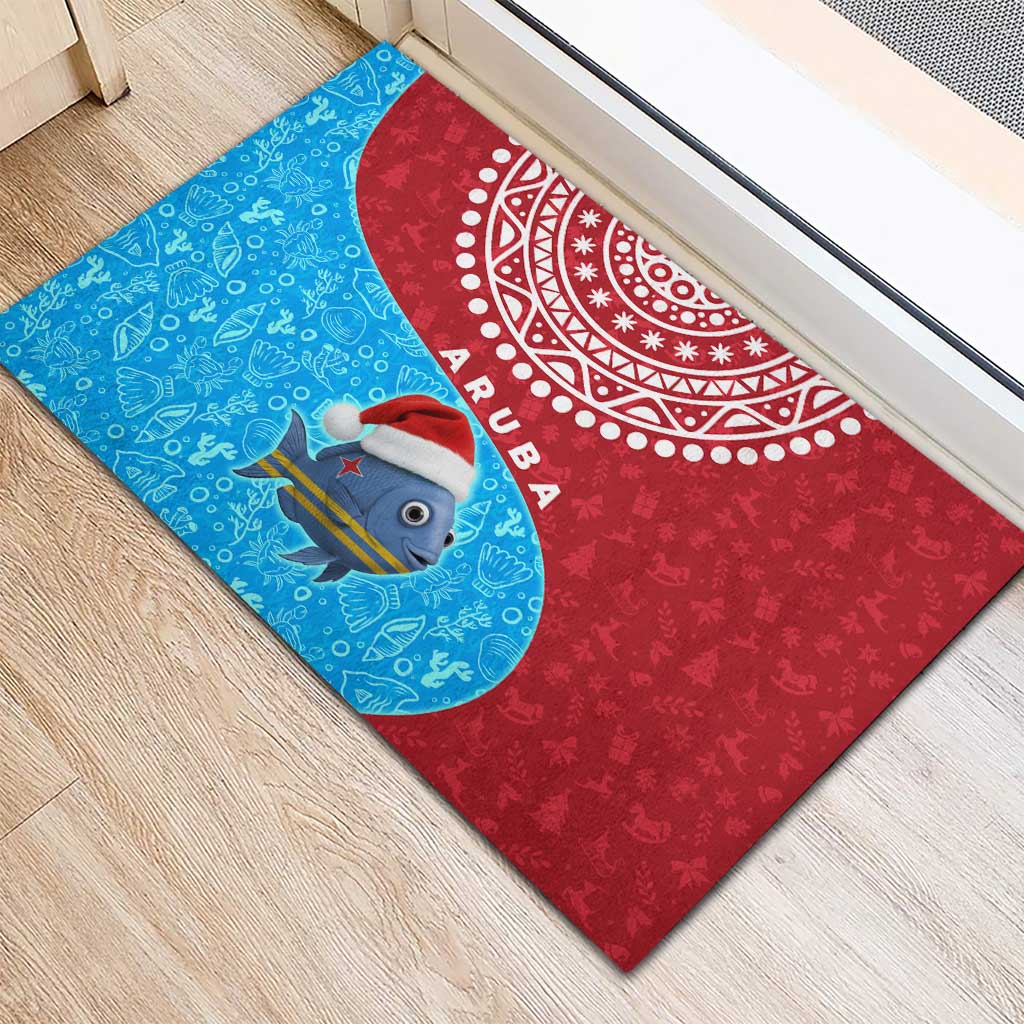 Aruba Christmas Rubber Doormat with Santa Fish Aruba Flag Ocean Icons and Red Blue Holiday Pattern Design - Wonder Print Shop