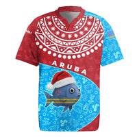 Aruba Christmas Rugby Jersey with Santa Fish Aruba Flag Ocean Icons and Red Blue Holiday Pattern Design - Wonder Print Shop
