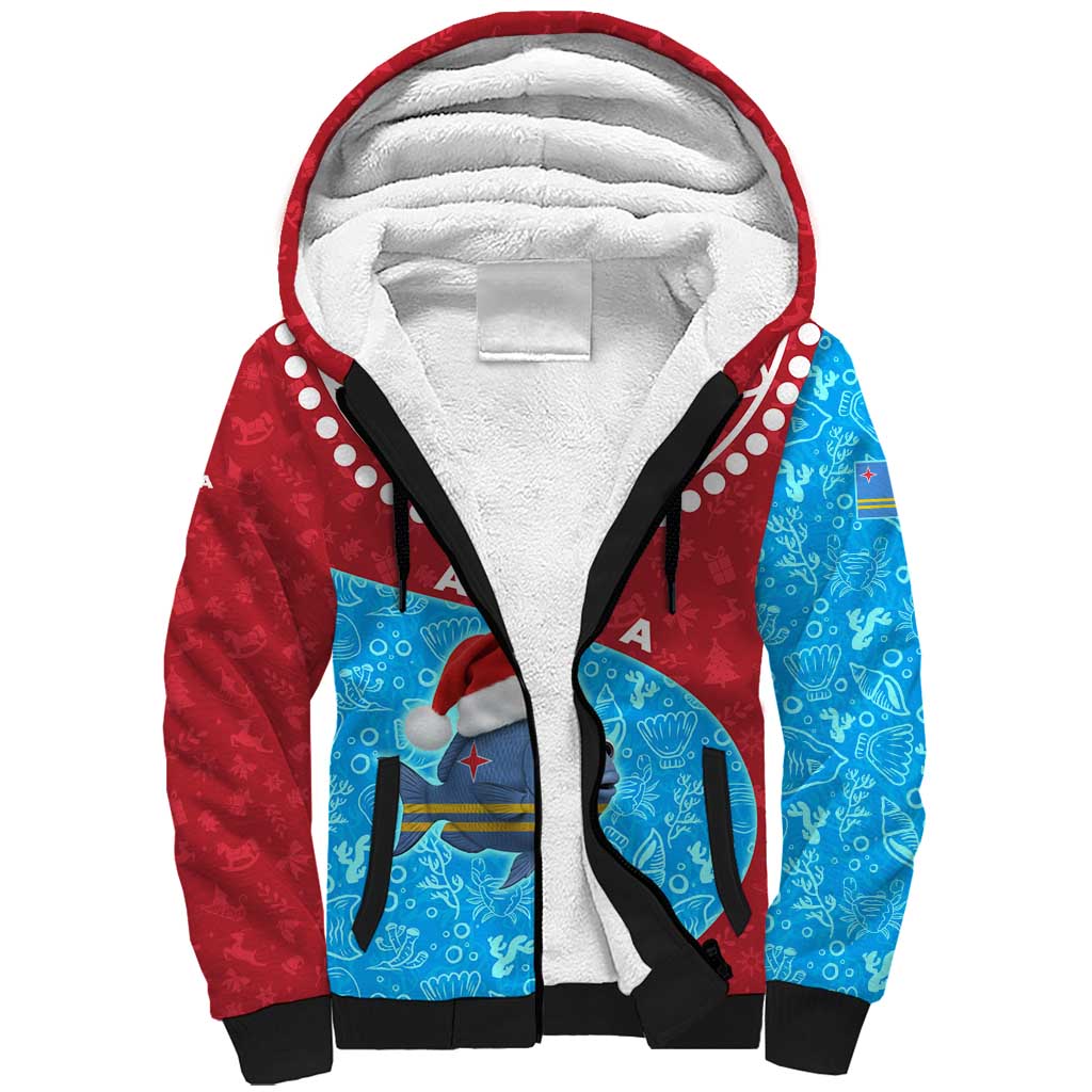 Aruba Christmas Sherpa Hoodie with Santa Fish Aruba Flag Ocean Icons and Red Blue Holiday Pattern Design - Wonder Print Shop