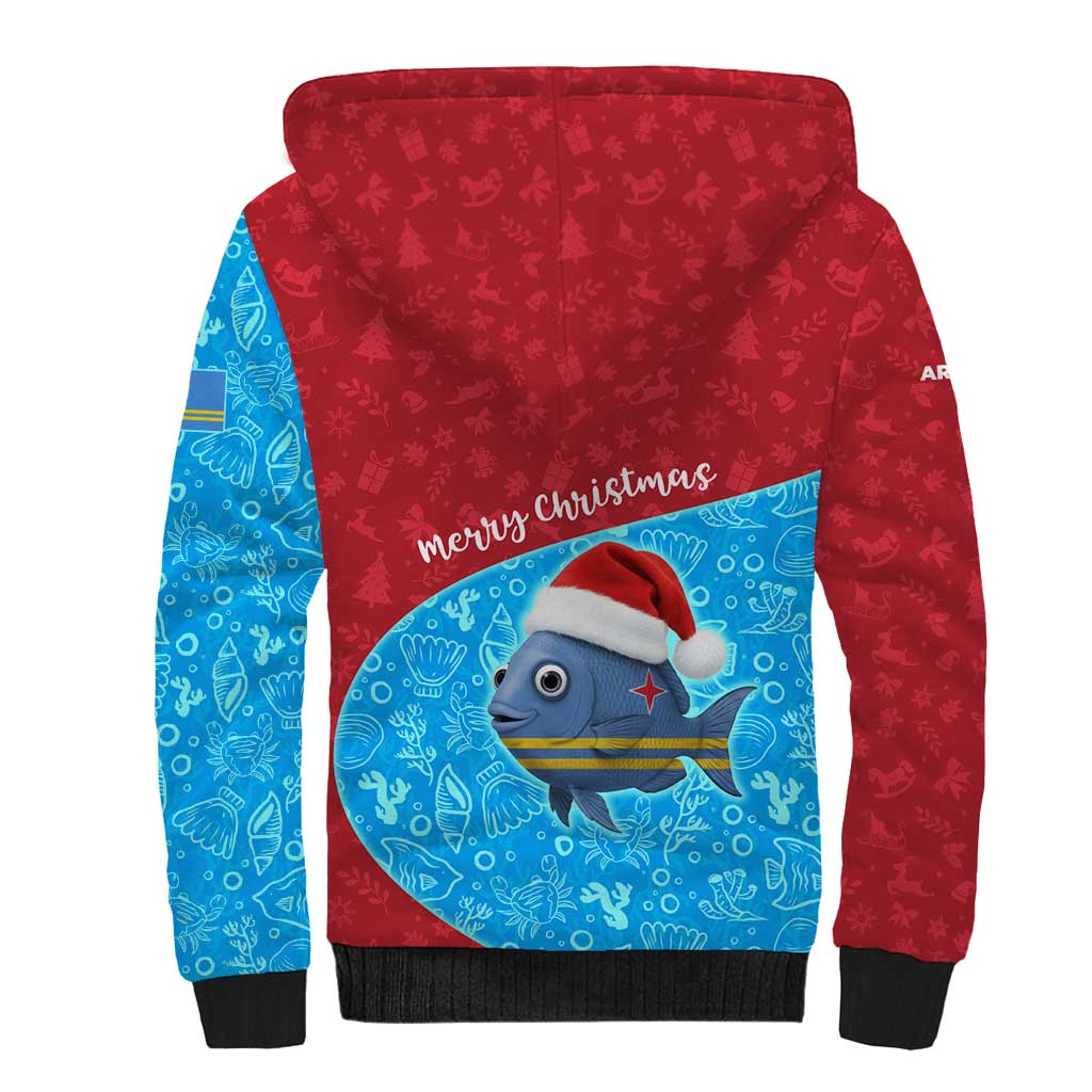 Aruba Christmas Sherpa Hoodie with Santa Fish Aruba Flag Ocean Icons and Red Blue Holiday Pattern Design - Wonder Print Shop