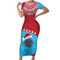 Aruba Christmas Short Sleeve Bodycon Dress with Santa Fish Aruba Flag Ocean Icons and Red Blue Holiday Pattern Design - Wonder Print Shop