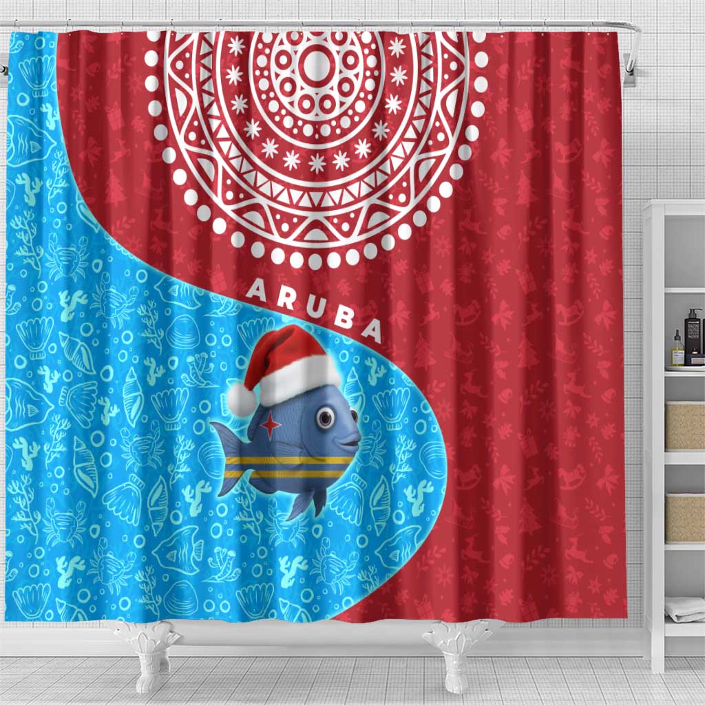 Aruba Christmas Shower Curtain with Santa Fish Aruba Flag Ocean Icons and Red Blue Holiday Pattern Design - Wonder Print Shop