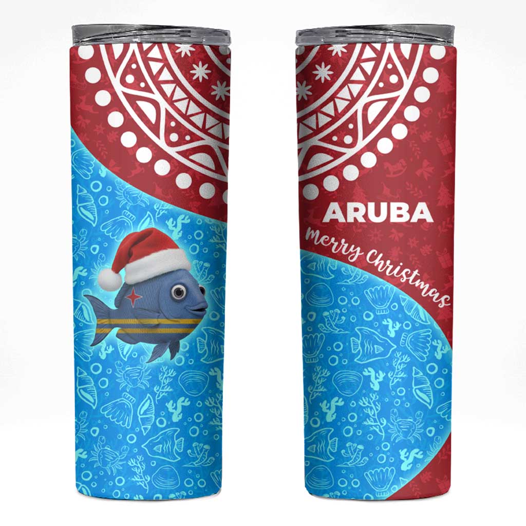Aruba Christmas Skinny Tumbler with Santa Fish Aruba Flag Ocean Icons and Red Blue Holiday Pattern Design - Wonder Print Shop