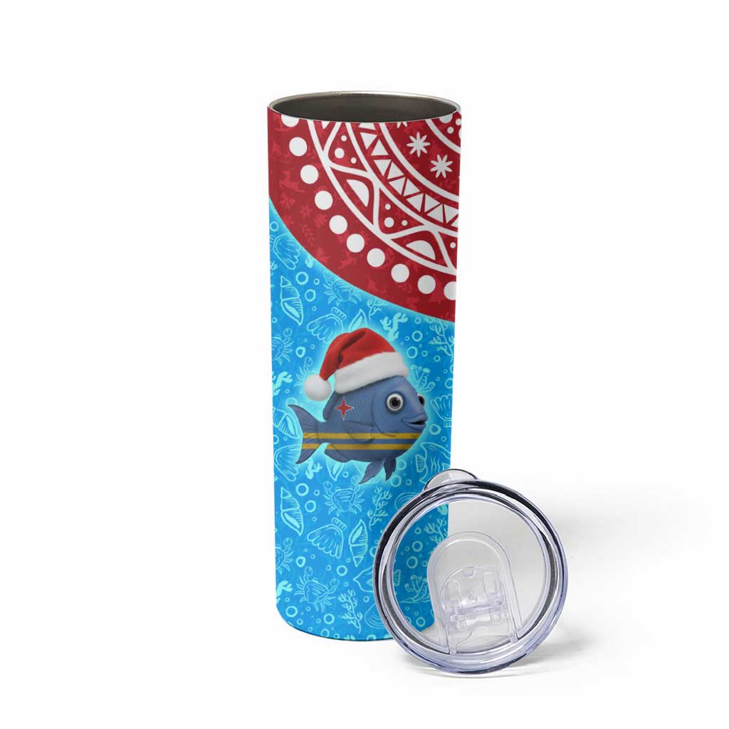 Aruba Christmas Skinny Tumbler with Santa Fish Aruba Flag Ocean Icons and Red Blue Holiday Pattern Design - Wonder Print Shop