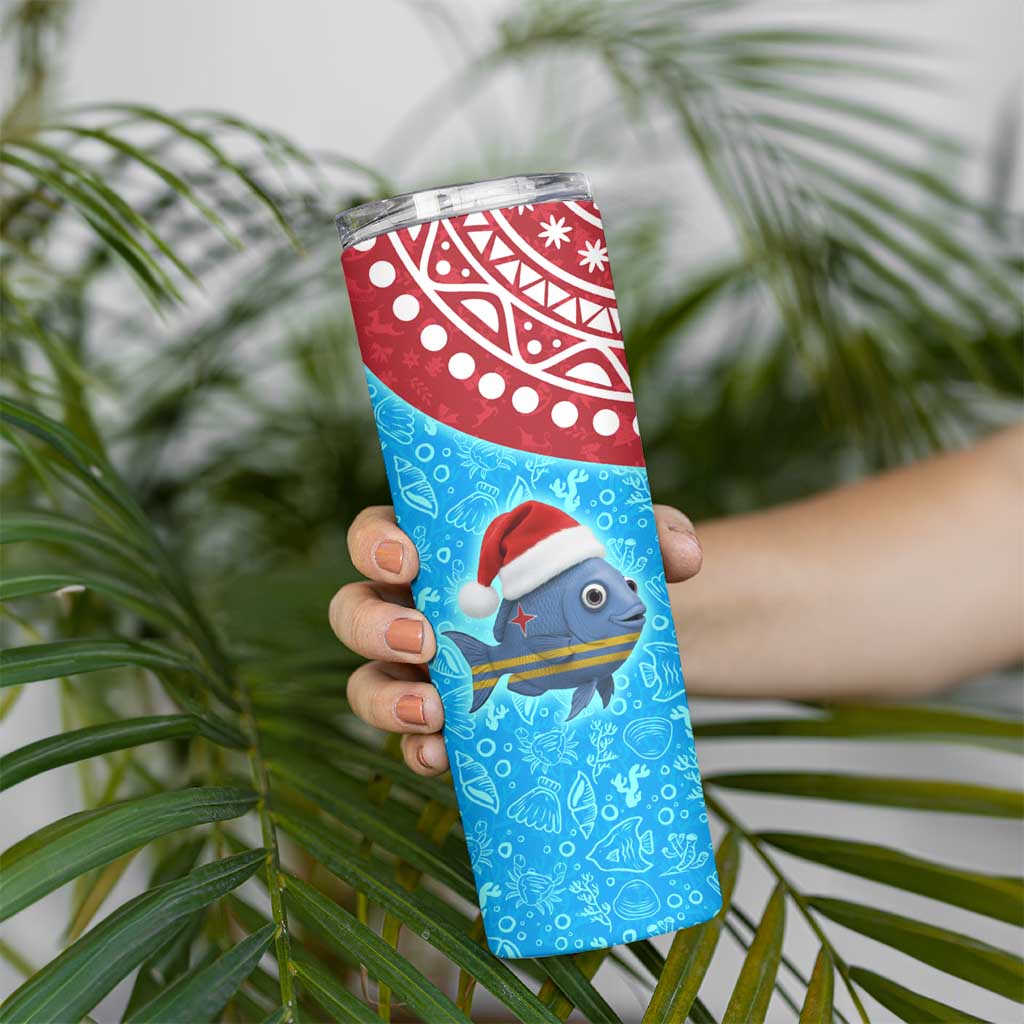 Aruba Christmas Skinny Tumbler with Santa Fish Aruba Flag Ocean Icons and Red Blue Holiday Pattern Design - Wonder Print Shop
