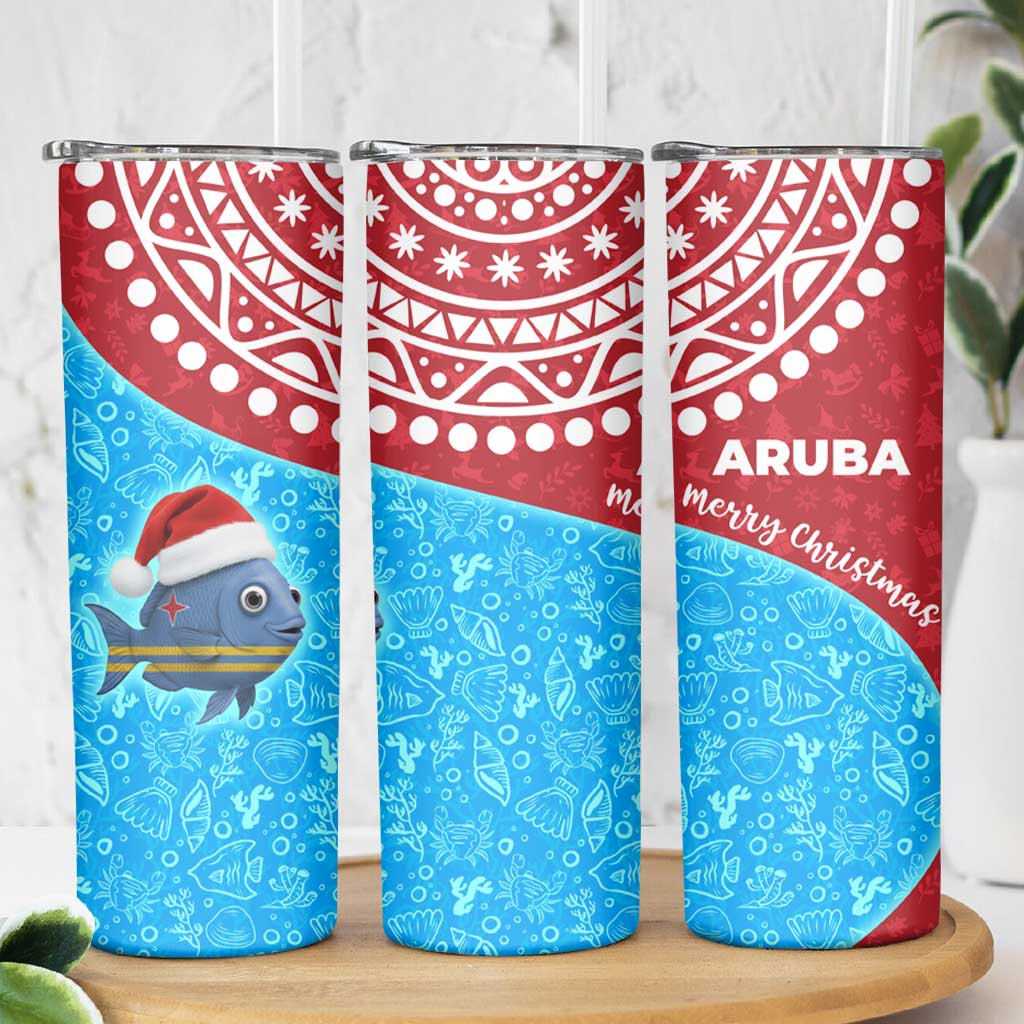Aruba Christmas Skinny Tumbler with Santa Fish Aruba Flag Ocean Icons and Red Blue Holiday Pattern Design - Wonder Print Shop