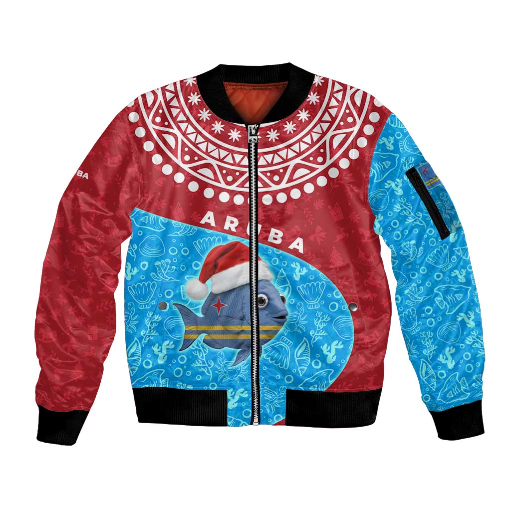 Aruba Christmas Sleeve Zip Bomber Jacket with Santa Fish Aruba Flag Ocean Icons and Red Blue Holiday Pattern Design - Wonder Print Shop