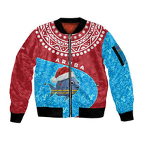 Aruba Christmas Sleeve Zip Bomber Jacket with Santa Fish Aruba Flag Ocean Icons and Red Blue Holiday Pattern Design - Wonder Print Shop
