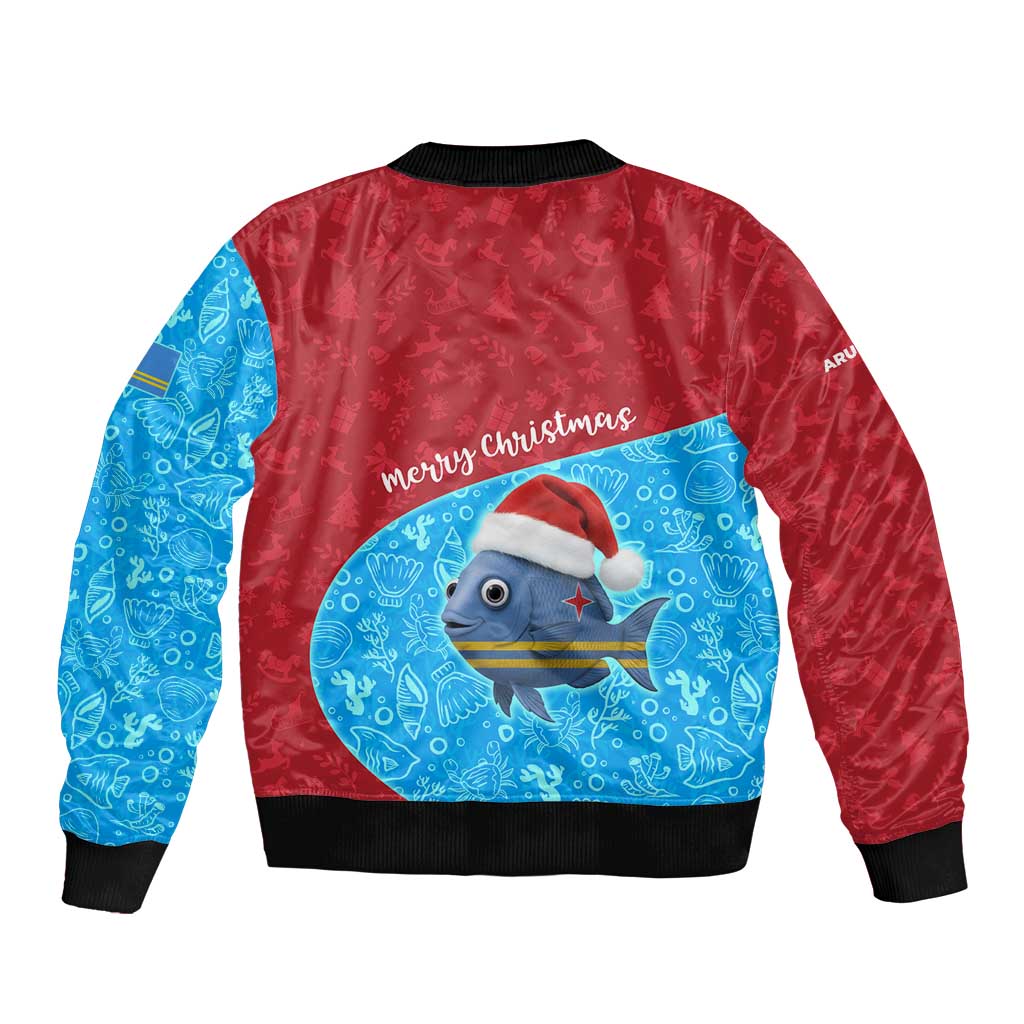 Aruba Christmas Sleeve Zip Bomber Jacket with Santa Fish Aruba Flag Ocean Icons and Red Blue Holiday Pattern Design - Wonder Print Shop
