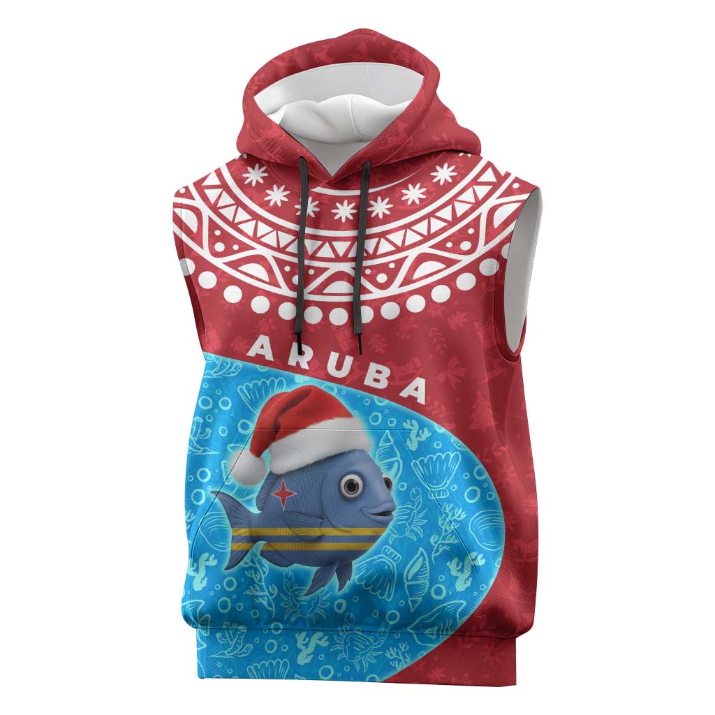 Aruba Christmas Sleeveless Hoodie with Santa Fish Aruba Flag Ocean Icons and Red Blue Holiday Pattern Design - Wonder Print Shop