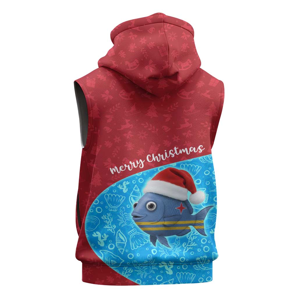 Aruba Christmas Sleeveless Hoodie with Santa Fish Aruba Flag Ocean Icons and Red Blue Holiday Pattern Design - Wonder Print Shop