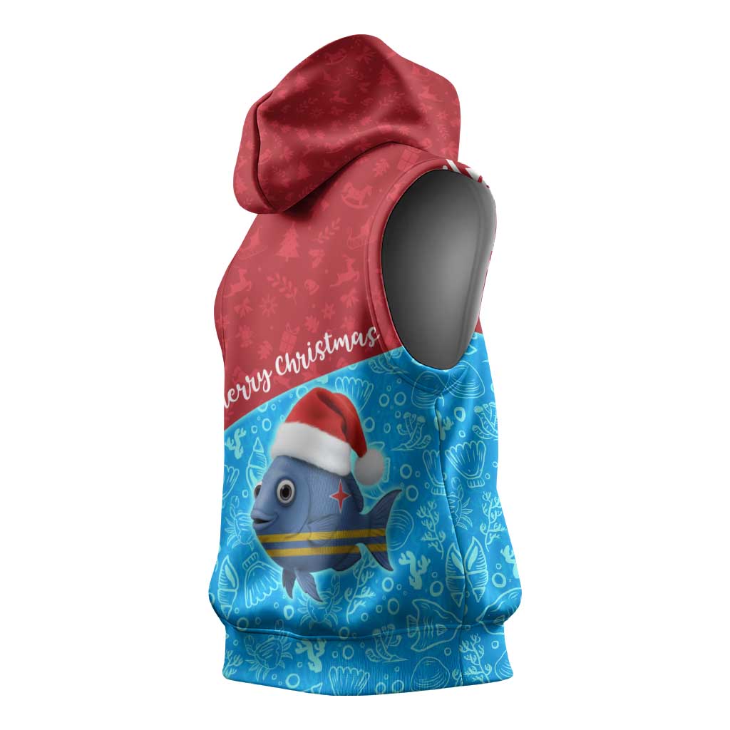 Aruba Christmas Sleeveless Hoodie with Santa Fish Aruba Flag Ocean Icons and Red Blue Holiday Pattern Design - Wonder Print Shop