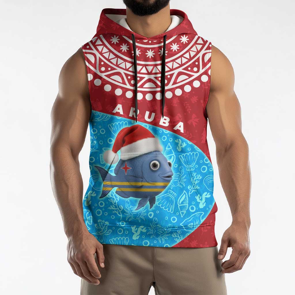 Aruba Christmas Sleeveless Hoodie with Santa Fish Aruba Flag Ocean Icons and Red Blue Holiday Pattern Design - Wonder Print Shop