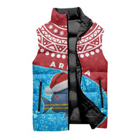 Aruba Christmas Sleeveless Puffer Jacket with Santa Fish Aruba Flag Ocean Icons and Red Blue Holiday Pattern Design - Wonder Print Shop
