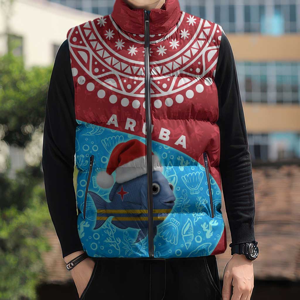 Aruba Christmas Sleeveless Puffer Jacket with Santa Fish Aruba Flag Ocean Icons and Red Blue Holiday Pattern Design - Wonder Print Shop