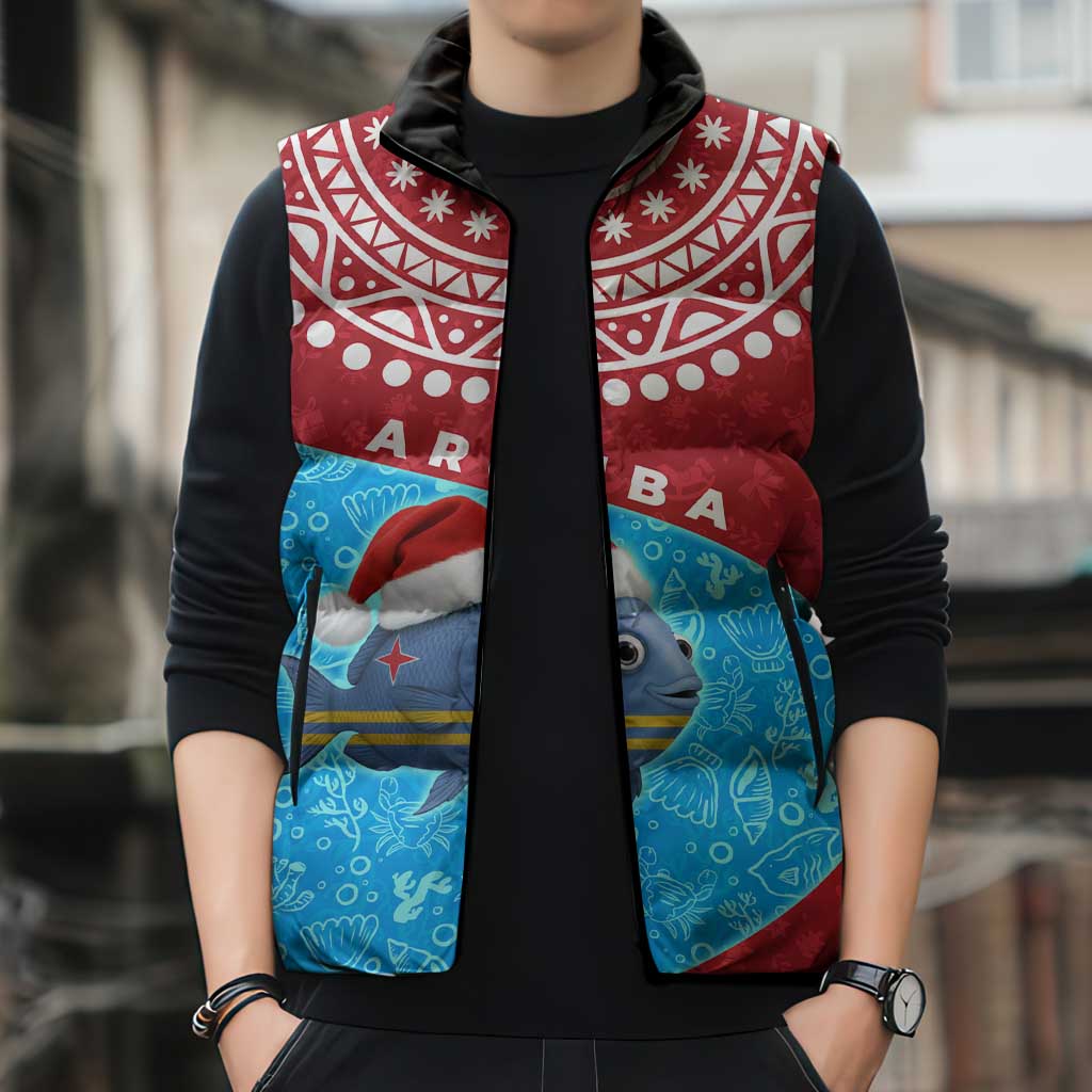 Aruba Christmas Sleeveless Puffer Jacket with Santa Fish Aruba Flag Ocean Icons and Red Blue Holiday Pattern Design - Wonder Print Shop