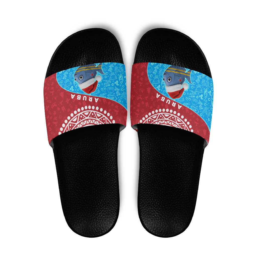 Aruba Christmas Slide Sandals with Santa Fish Aruba Flag Ocean Icons and Red Blue Holiday Pattern Design - Wonder Print Shop
